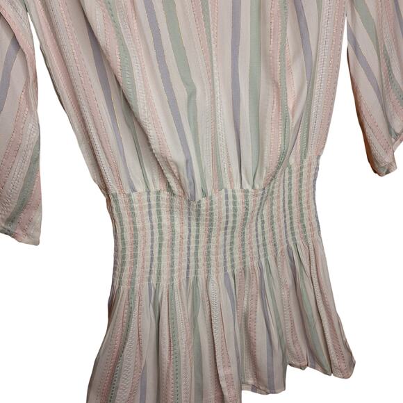 SurfGypsy NEW Shirred off the shoulder tassel mini dress cover up striped pastel - Picture 4 of 6